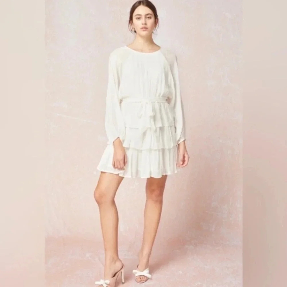 Entro | Elizabeth Tiered Puff Bubble Sleeve Dress White Layered Bohemian Small - Picture 2 of 12